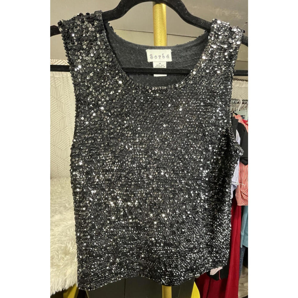 Sorbe'  Black 100% Silk Sequin Blouse Top Tank Sz M Holiday Timeless Whimsigoth